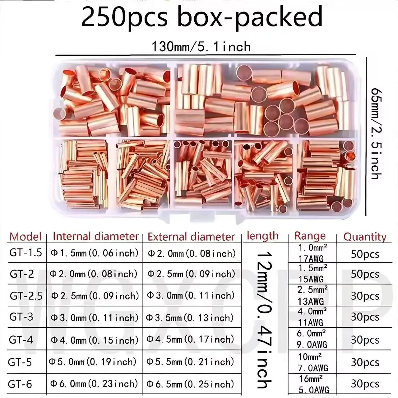 125/250/578Pcs Wire Ferrules Kit  Copper Crimp Connector Copper Connection Tube Terminal Connect and Protect The Connection