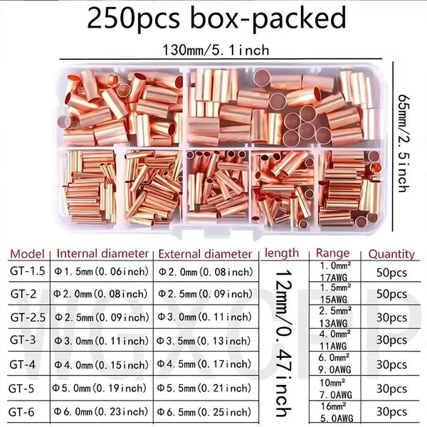 125/250/578Pcs Wire Ferrules Kit  Copper Crimp Connector Copper Connection Tube Terminal Connect and Protect The Connection