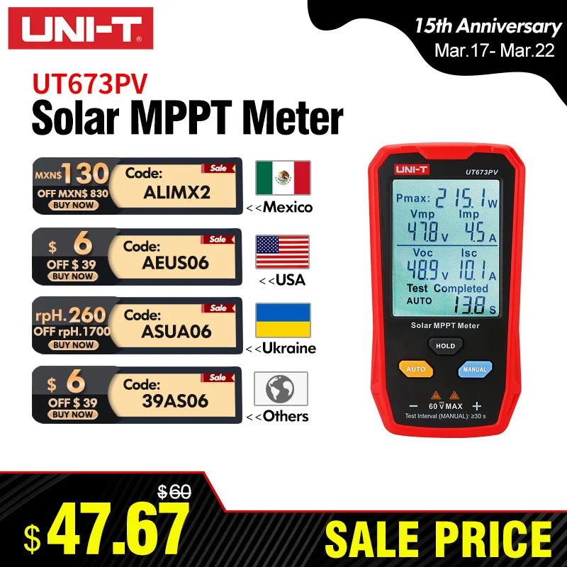 UNI-T UT673PV Solar Panel MPPT Tester 5~800W PV Module Maximum Power Meter Open Circuit Voltage Short Cir product image