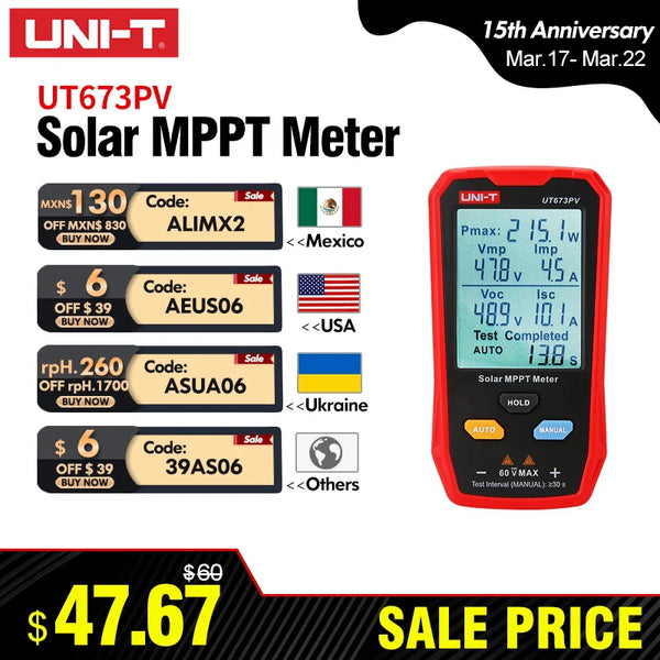 UNI-T UT673PV Solar Panel MPPT Tester 5~800W PV Module Maximum Power Meter Open Circuit Voltage Short Cir product image