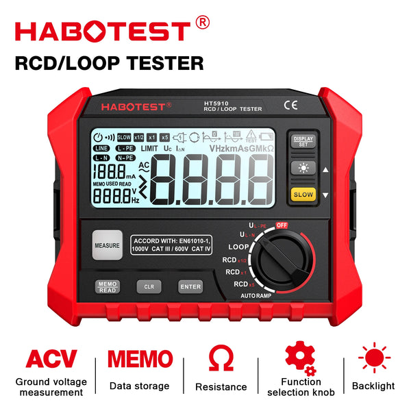 HABOTEST HT5910 Leakage Switch Tester LCD Digital Resistance Meter RCD/Loop Tester 1000 Data Storage Volt product image