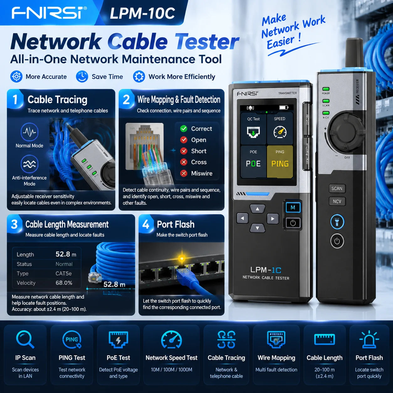FNIRSI LPM-10C/LPM-10A  LAN Ethernet Cable Tester Toner Wire Tracker IP Scan PING PoE Tester RJ45 Wiremap Length 1Gbps NCV