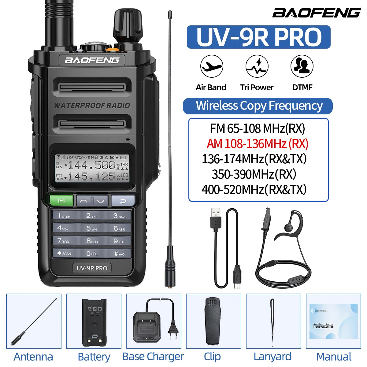 BAOFENG UV-9R PRO Multi Band Walkie Talkie IP68 Waterproof Wireless Copy Frequency Tri Power Type-C DTMF Long Range Ham Radio