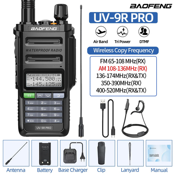 BAOFENG UV-9R PRO Multi Band Walkie Talkie IP68 Waterproof Wireless Copy Frequency Tri Power Type-C DTMF Long Range Ham Radio
