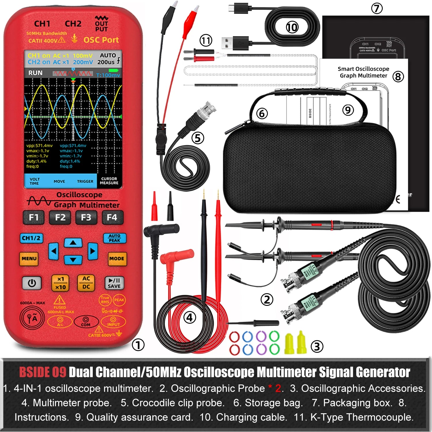 BSIDE 4-IN-1 Handheld Oscilloscope Digital Multimeter+Function Signal Generator Dual Channel detail image 10