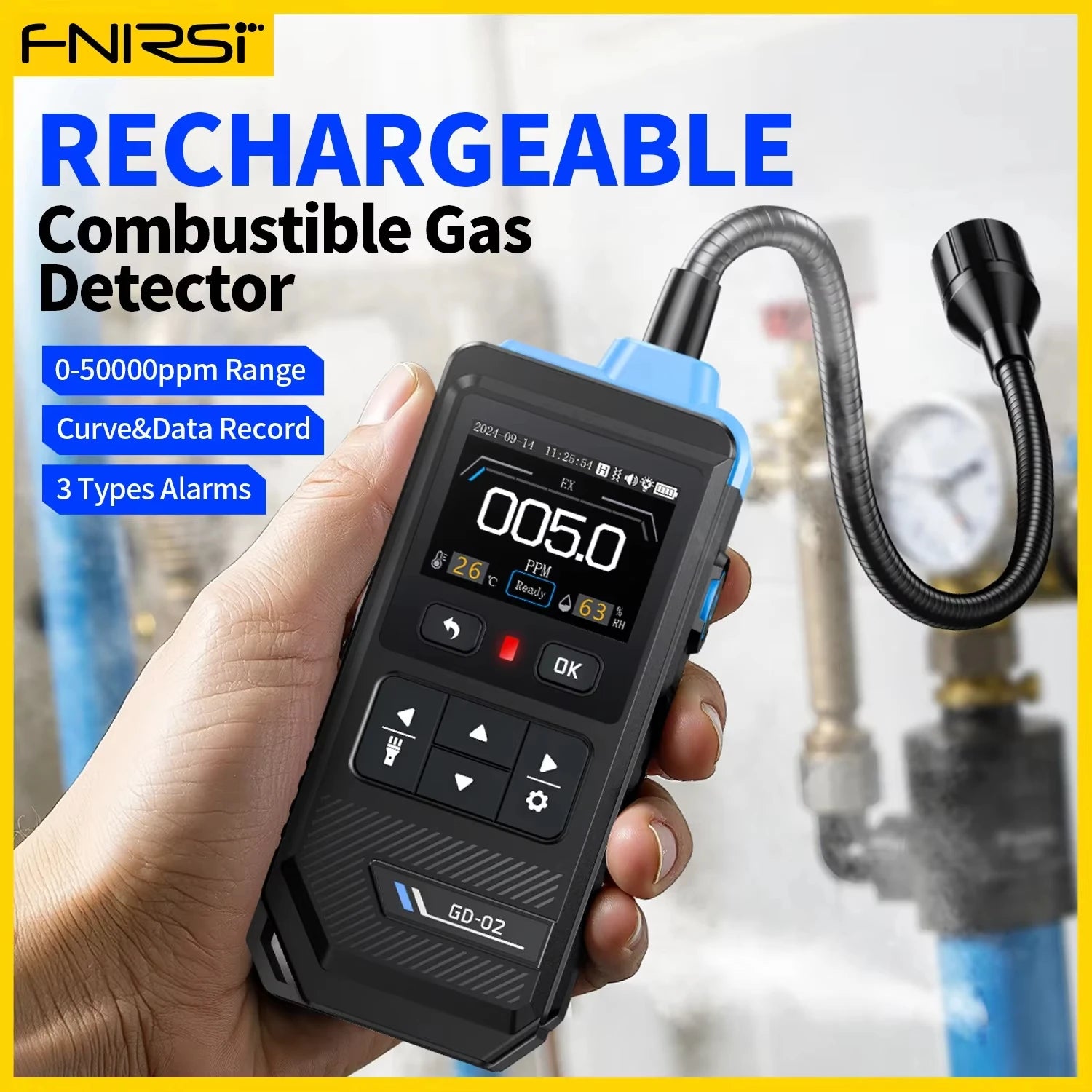 FNIRSI GD-02 Portable Gas Leak Detector 50000PPM Sound & Light Alarm Combustible Natural detail image 3