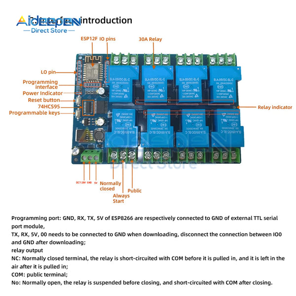 ESP8266 ESP-12F Development Board 8 Channels DC 7-28/5V 30A WiFi Relay Module for DIY Smart detail image 3