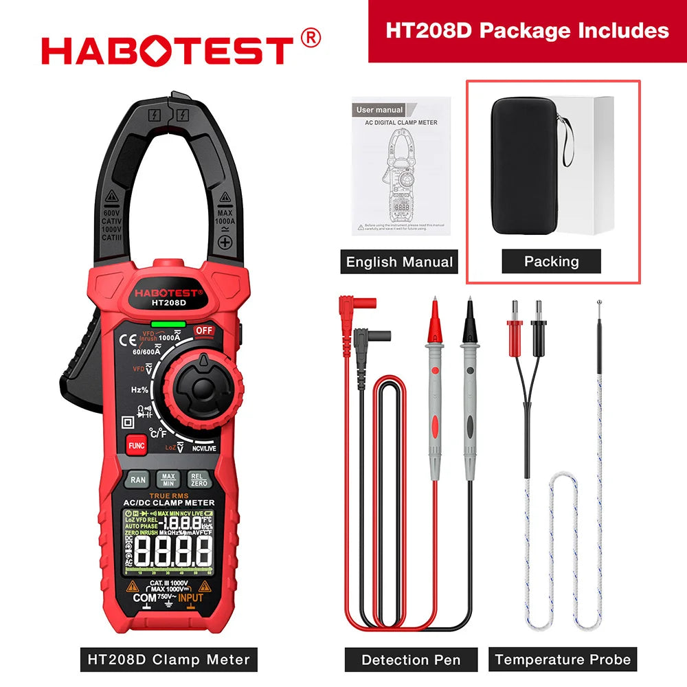 HABOTEST HT208D Clamp Meter 1000A 1000V AC DC True RMS Digital Clamp Meter Amperimetrica Capacitance Temperature Ohm Hz Tester
