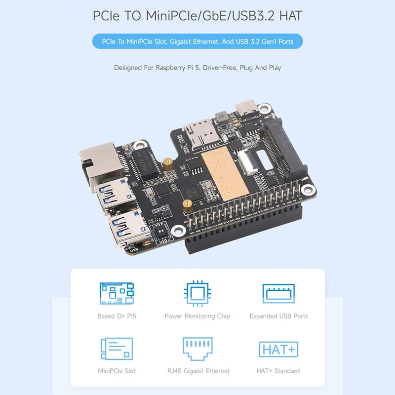 PCIe to MiniPCIe / Gigabit Ethernet / USB 3.2 Gen1 HAT for Raspberry Pi 5 Extend 2-Ch USB detail image 2