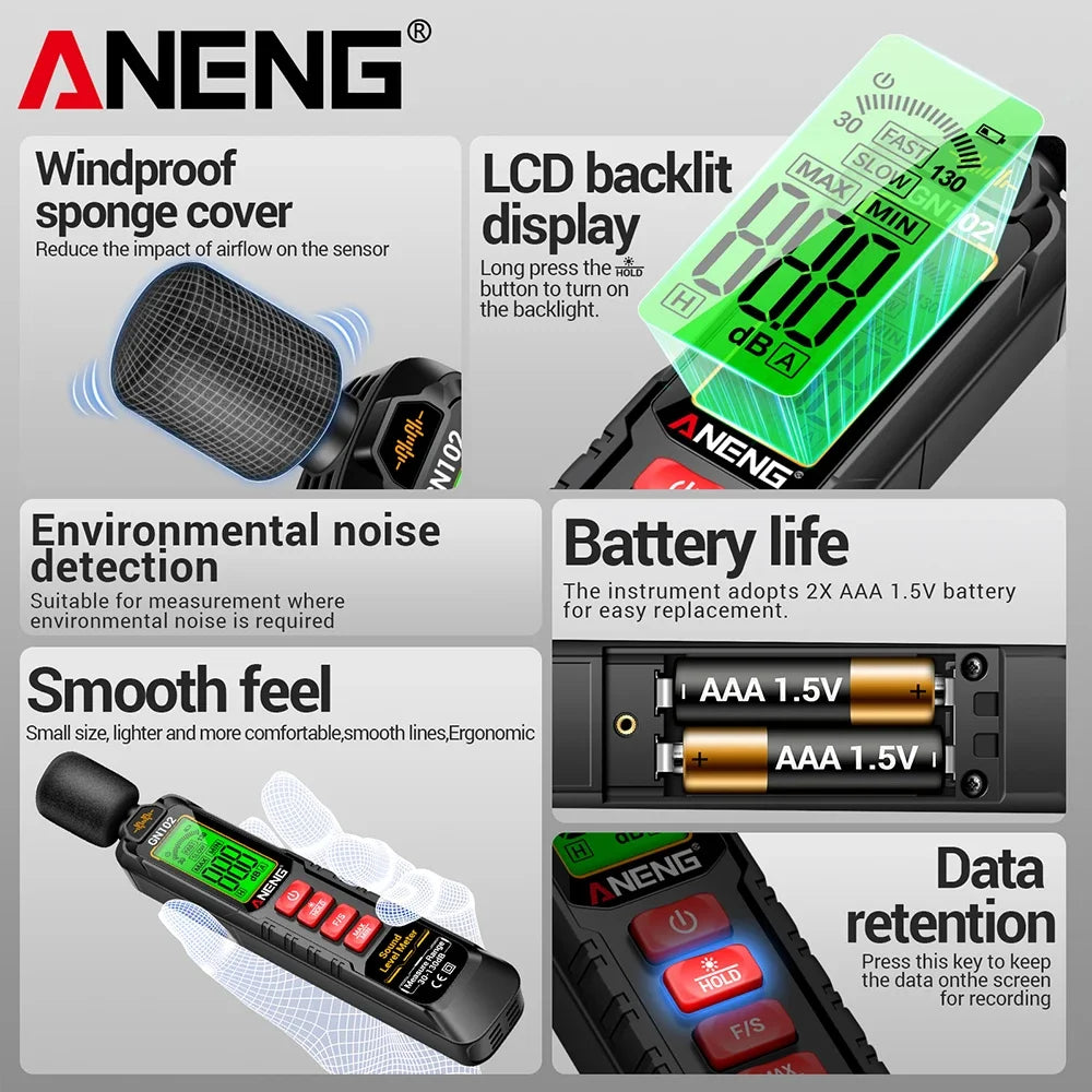 Sound Level Meter Digital Portable Noise Meter NENG GN102 Audio Level Meter 30-130dB Ambient Noise Windproof Decibel Meter test