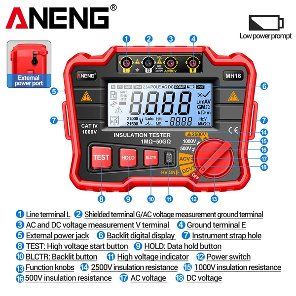 ANENG MH16 Ohm Tester Digital Multimeter Megometro Insulation Earth High Voltage Resistance detail image 5