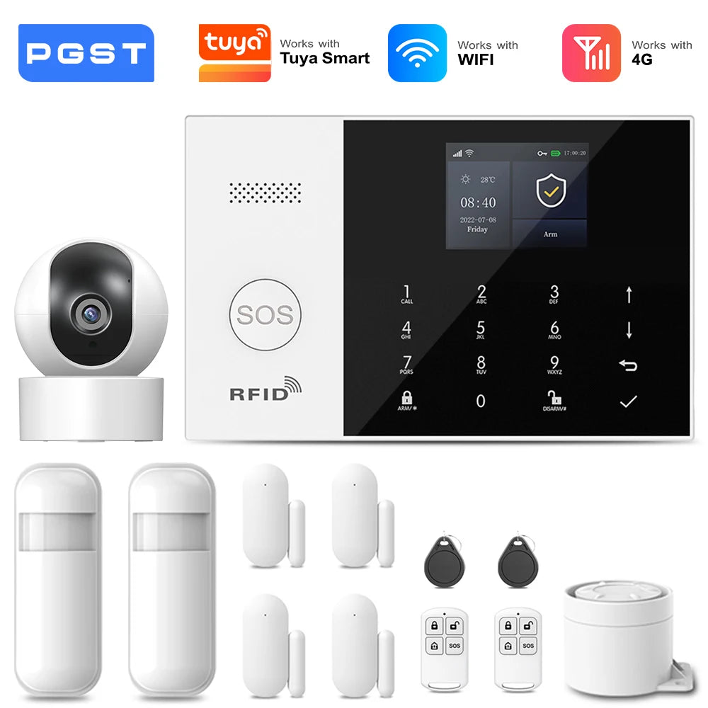 PGST 4G 2G GSM WiFi Alarm System House Home Security Protection Alarm System Kit Door Sensor Works with Tuya Smart Life Alexa
