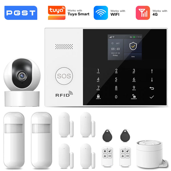 PGST 4G 2G GSM WiFi Alarm System House Home Security Protection Alarm System Kit Door Sensor Works with Tuya Smart Life Alexa