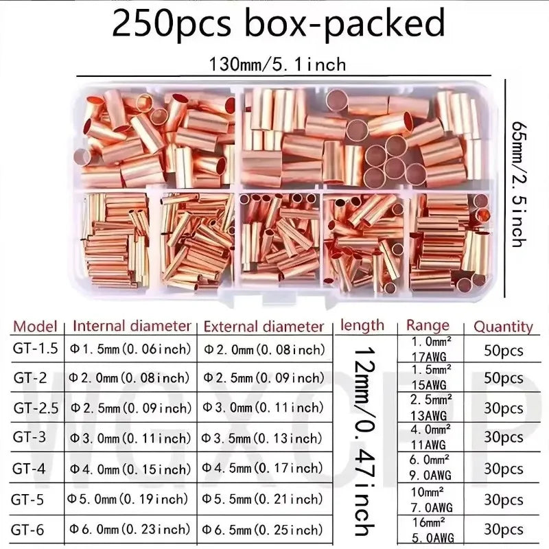 125/250/578Pcs Wire Ferrules Kit  Copper Crimp Connector Copper Connection Tube Terminal Connect and Protect The Connection