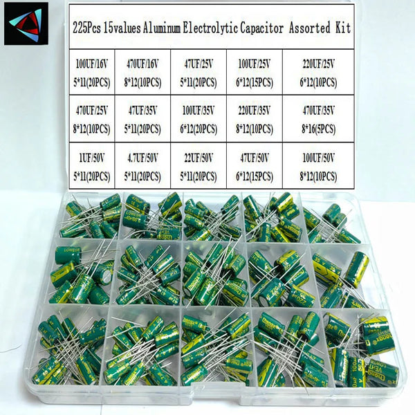 225Pcs/Box Capacitor Kit DIP Aluminum Electrolytic Capacitors Set 15Values 16V-50V 1uF-470uF Assorted Kit product image