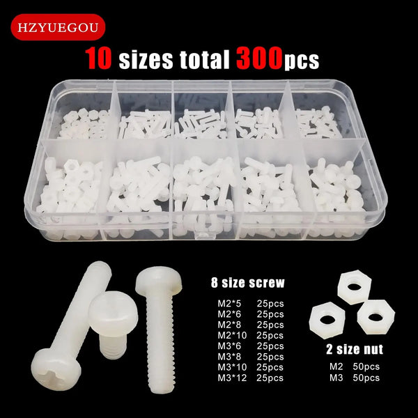 300pcs/box Nylon Plastic Insulated Phillips Pan Round Head Bolt Screw Nut Mix M2 M3 10 Sizes Assortment K product image