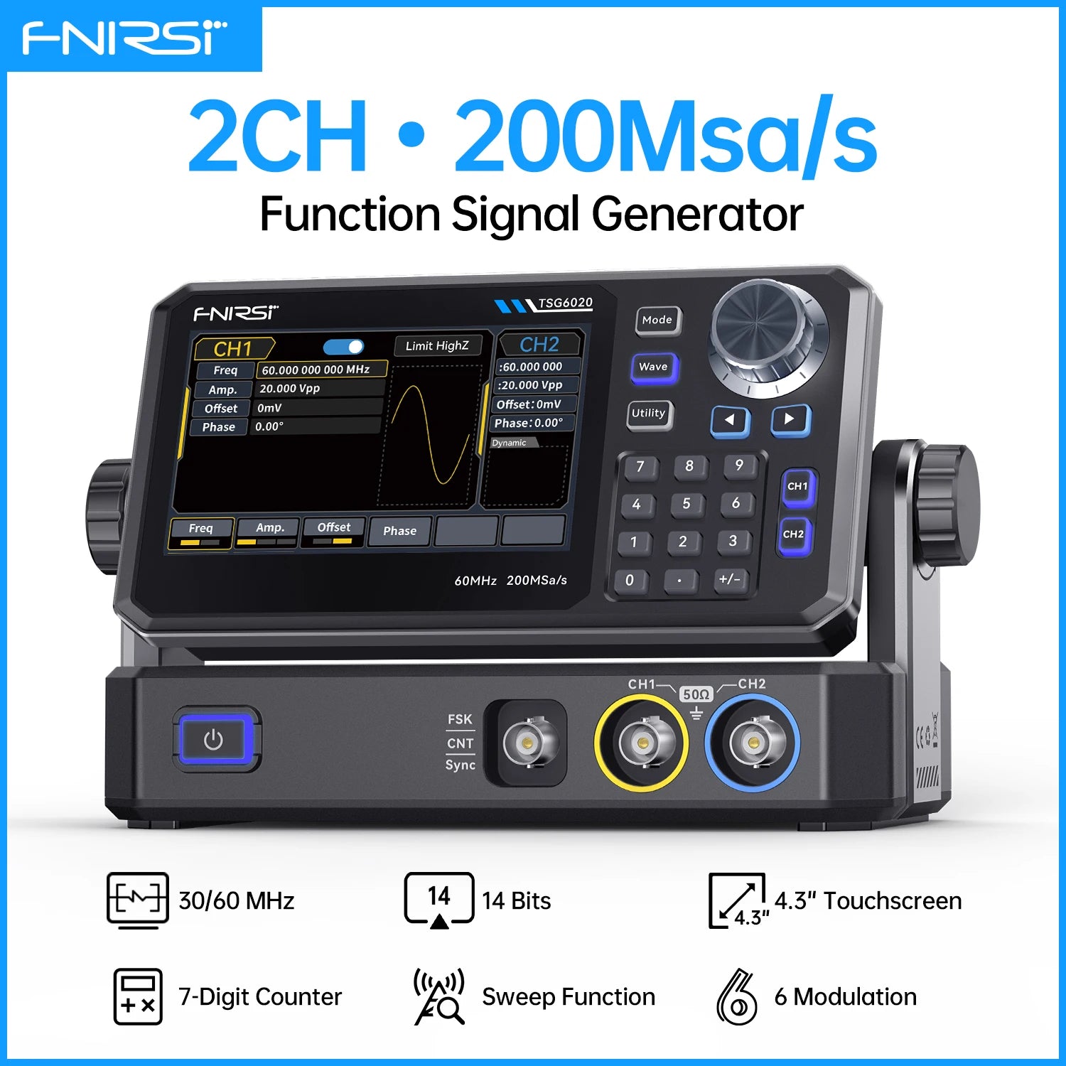 FNIRSI TSG6020 TSG3020 Function Signal Generator 2Ch 60MHz/30MHz 200MSa/s Touchscreen and Type-C Power fo product image