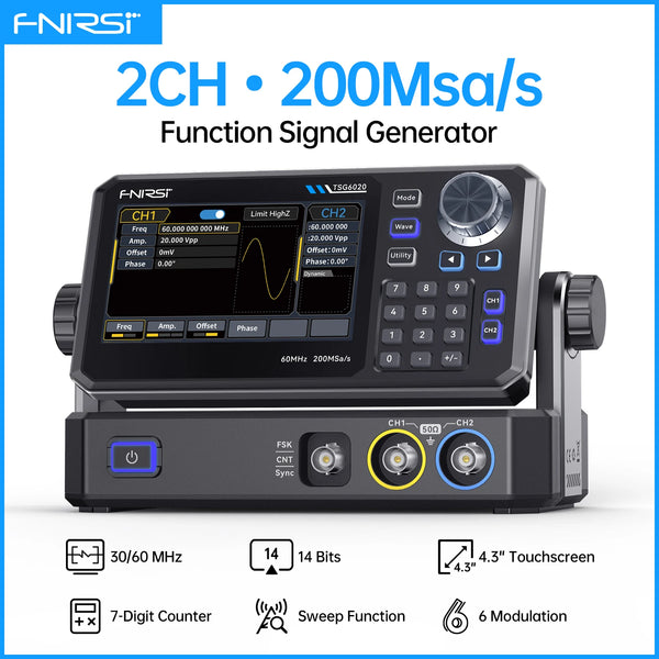 FNIRSI TSG6020 TSG3020 Function Signal Generator 2Ch 60MHz/30MHz 200MSa/s Touchscreen and Type-C Power fo product image