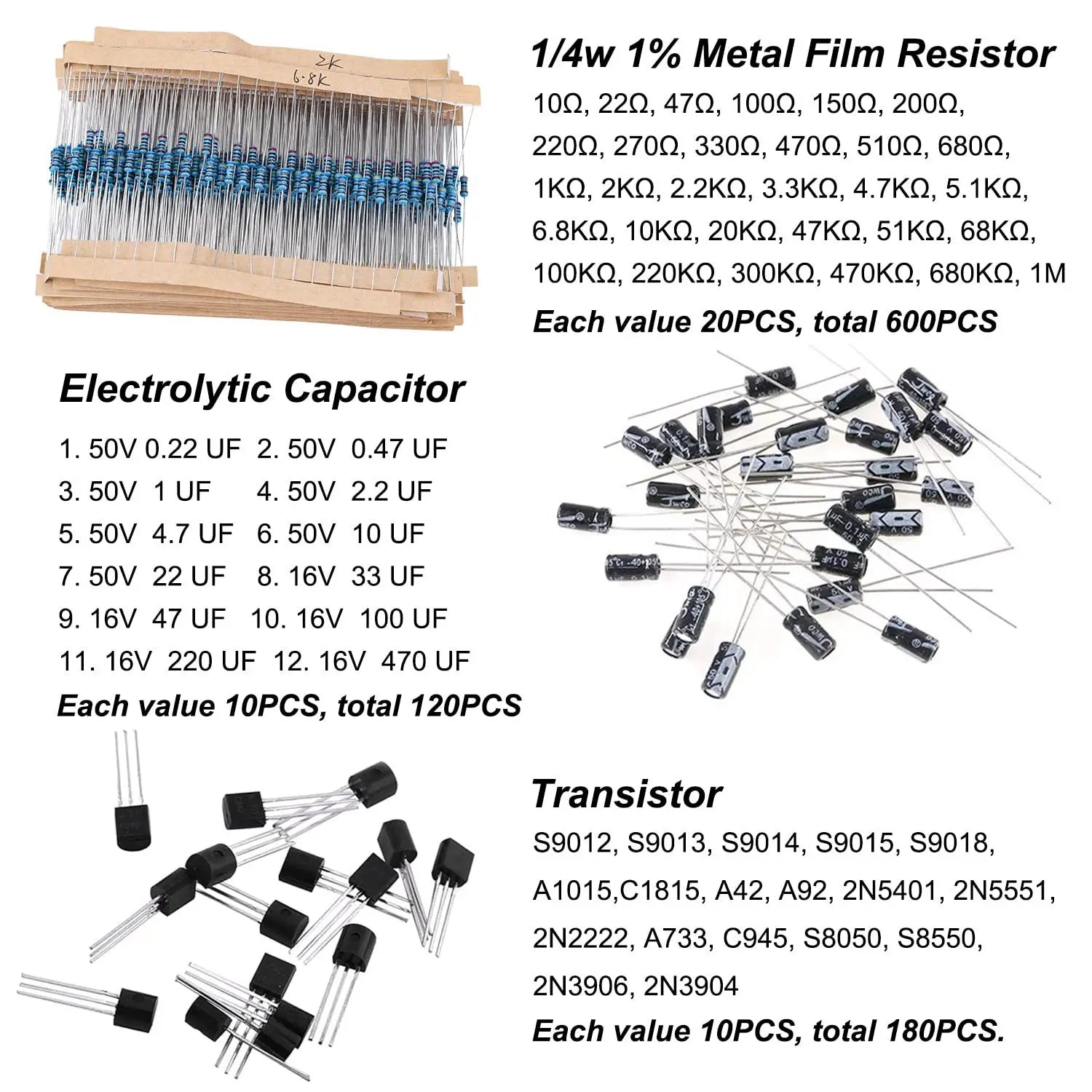 1500Pcs Electronic Components Starter Kit Resistor Capacitor LED Diode Transistor Assortment detail image 5