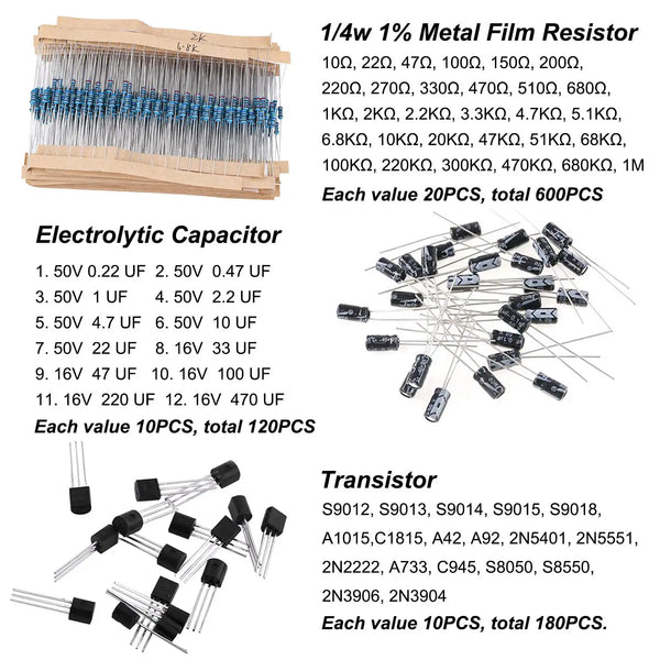 1500Pcs Electronic Components Starter Kit Resistor Capacitor LED Diode Transistor Assortment detail image 5
