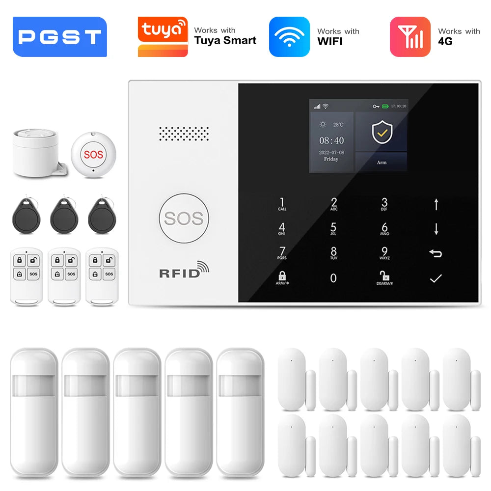 PGST 4G 2G GSM WiFi Alarm System House Home Security Protection Alarm System Kit Door Sensor Works with Tuya Smart Life Alexa