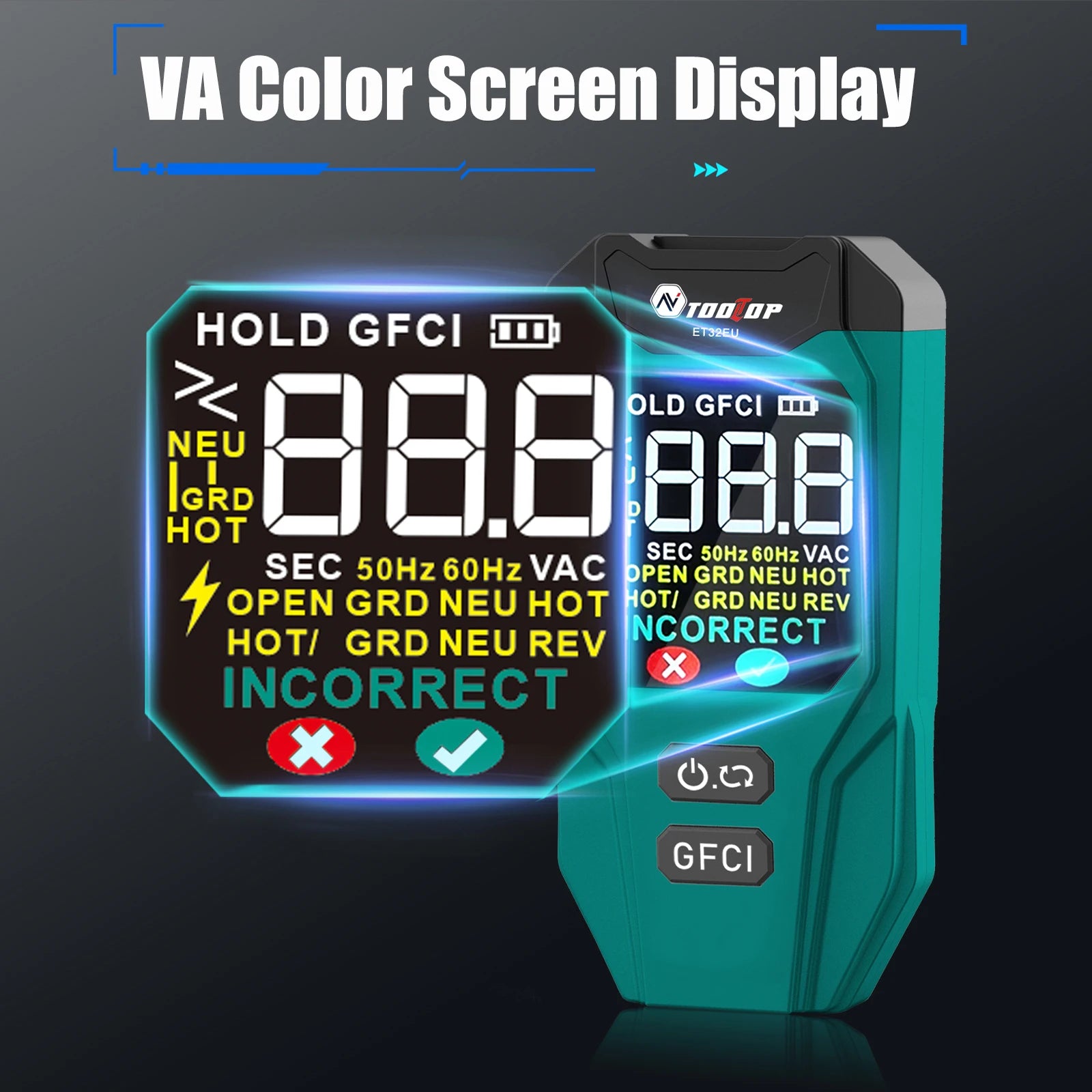 TOOLTOP ET32 Digital Circuit Breaker Finder & Socket Tester with GFCI Trip Time Display EU detail image 4