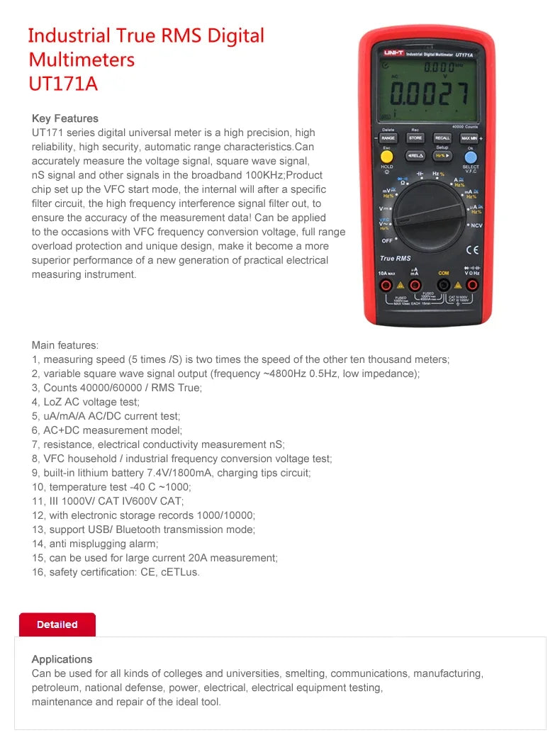 UNI-T UT171A Industrial Digital Multimeter Tester 1000V AC DC Voltage Meter True RMS detail image 4