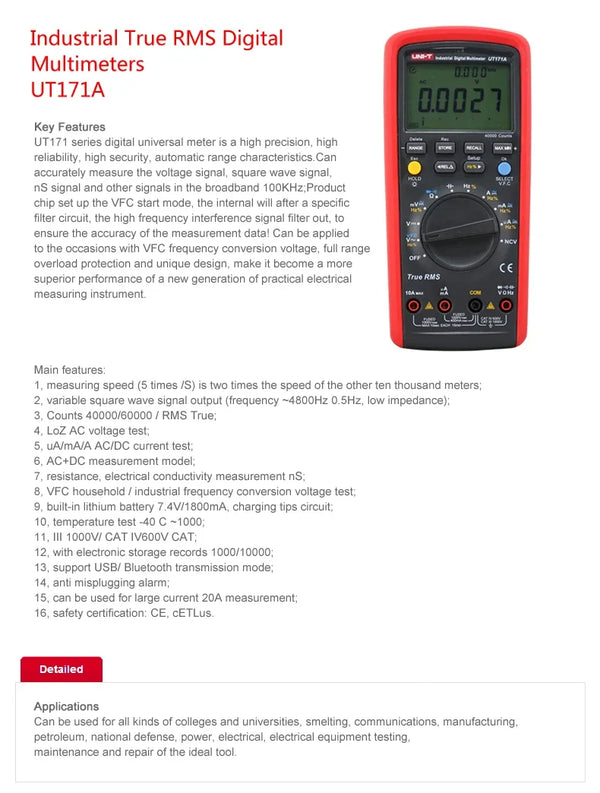 UNI-T UT171A Industrial Digital Multimeter Tester 1000V AC DC Voltage Meter True RMS detail image 4