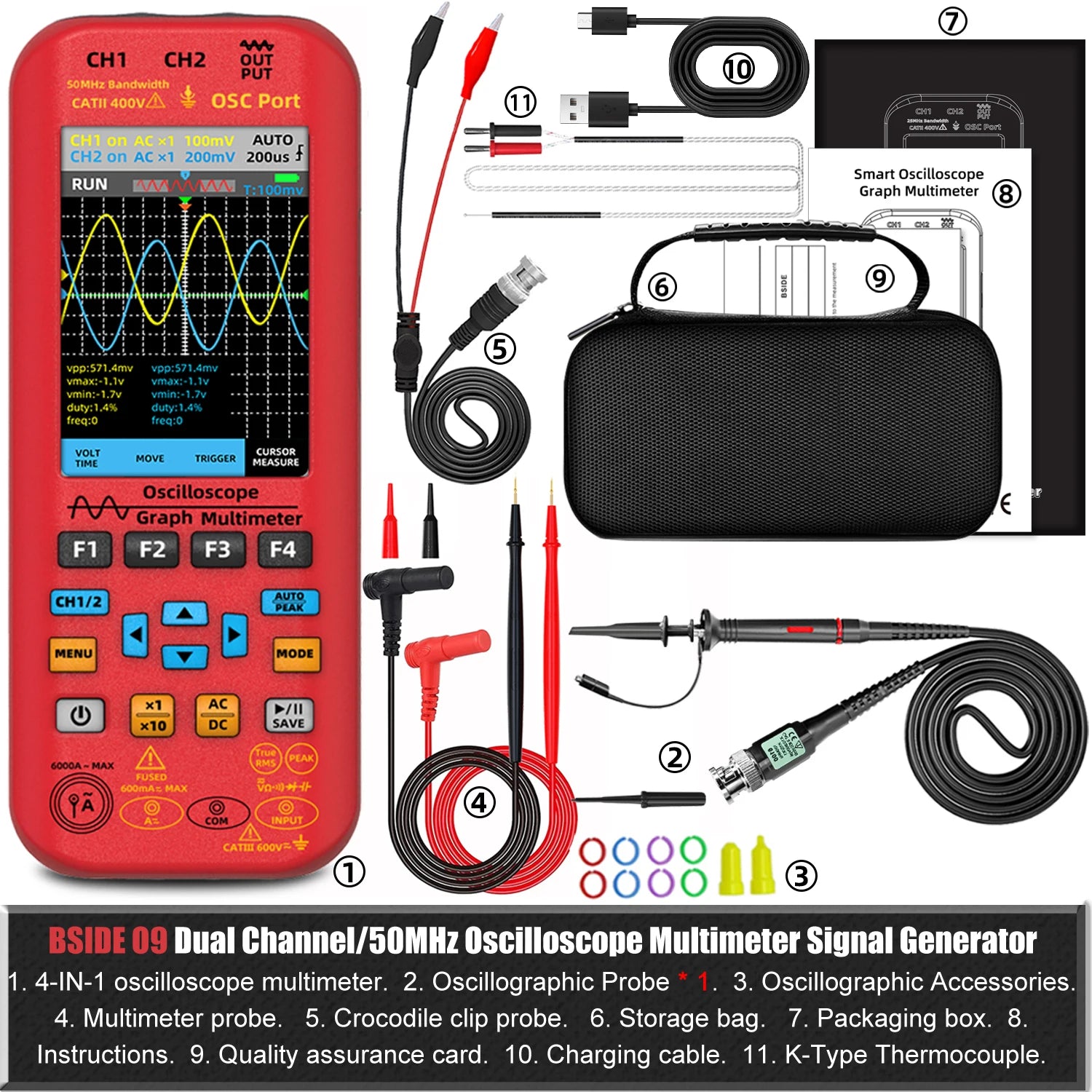 BSIDE 4-IN-1 Handheld Oscilloscope Digital Multimeter+Function Signal Generator Dual Channel detail image 9