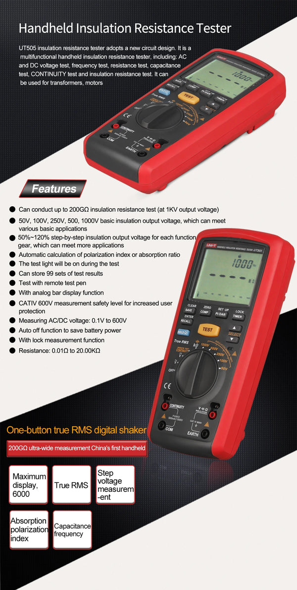 UNI-T UT505B Handheld Insulation Resistance Tester Digital Resistance Meter 1000V 200G True detail image 6