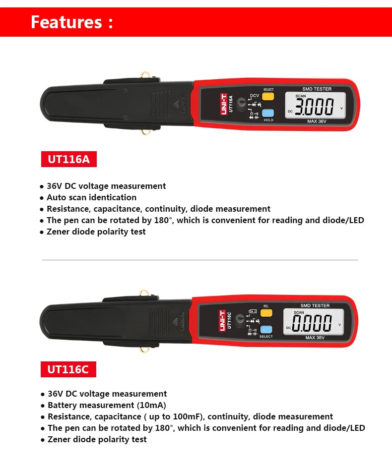 UNI-T UT116A UT116C SMD Multimeter Tester 36V Voltage Meter Resistance Capacitance Zener detail image 10