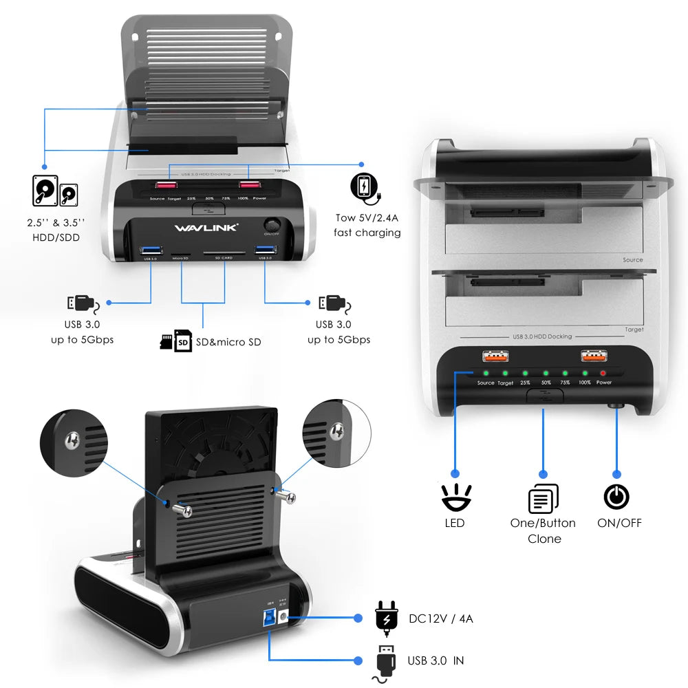 Wavlink USB 3.0 External Hard Drive Case 2.5 3.5 SSD HDD Fast Offline Clone SATA Dual Bay detail image 5