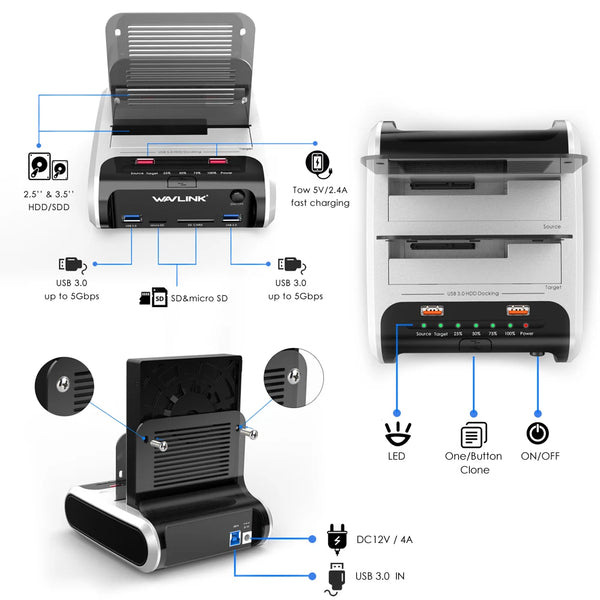 Wavlink USB 3.0 External Hard Drive Case 2.5 3.5 SSD HDD Fast Offline Clone SATA Dual Bay detail image 5