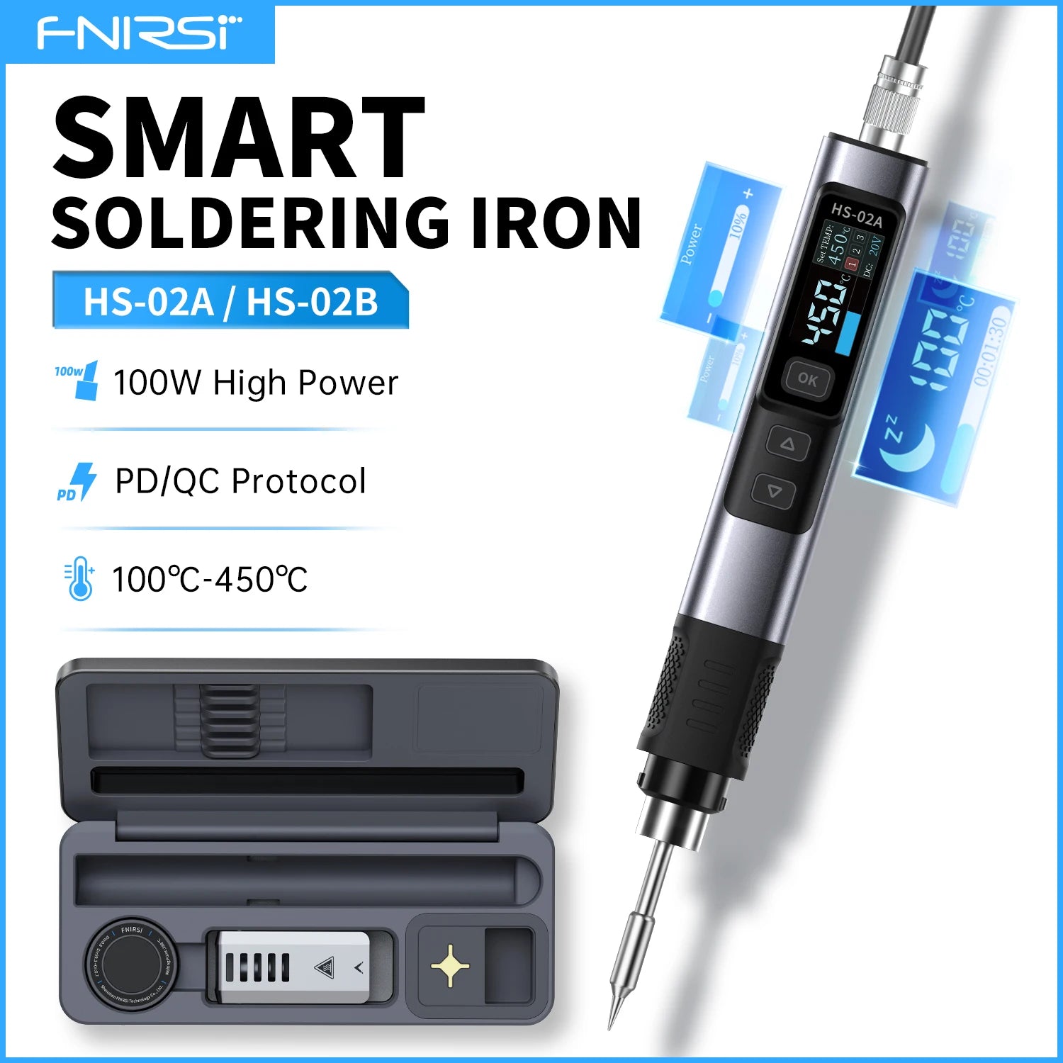 FNIRSI HS-02 Adjustable Temperature Soldering Iron DC 20V 100-450C Welding Solder Rework Station PD 100W product image