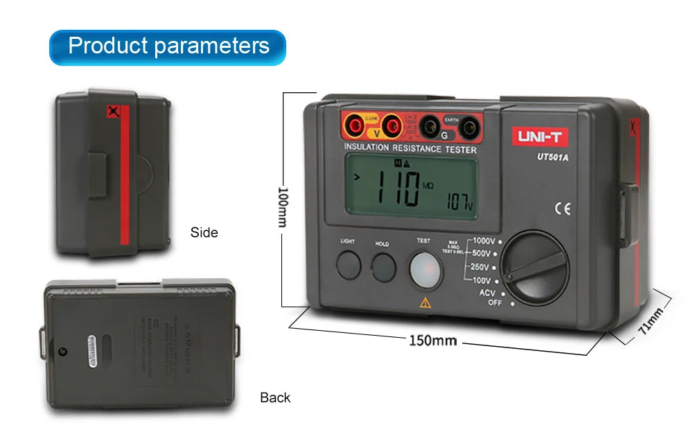 UNI-T Insulation Resistance Tester UT501 UT502 Digital Voltmeter Ohmmeter Megohmmeter detail image 2