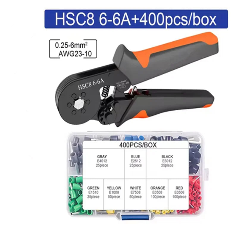 Hexagonal Self-Adjustable Ratchet Ferrule Crimping Tool Kit 23-10AWG 0.25-6mm² Crimper Kit with 400-2000pcs Wire Terminals