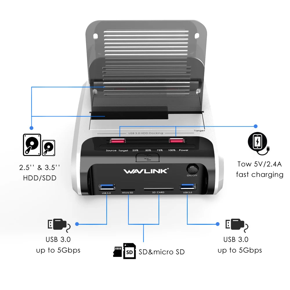 Wavlink USB 3.0 External Hard Drive Case 2.5 3.5 SSD HDD Fast Offline Clone SATA Dual Bay detail image 6