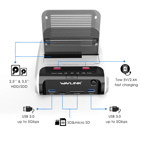 Wavlink USB 3.0 External Hard Drive Case 2.5 3.5 SSD HDD Fast Offline Clone SATA Dual Bay detail image 6
