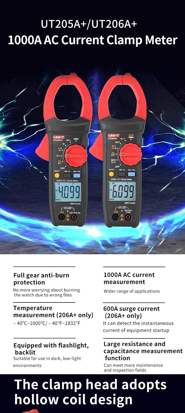 UNI-T UT205A+ UT206A+ Digital Clamp Meter 1000V AC DC Current Pliers Clamps Voltage Tester detail image 8