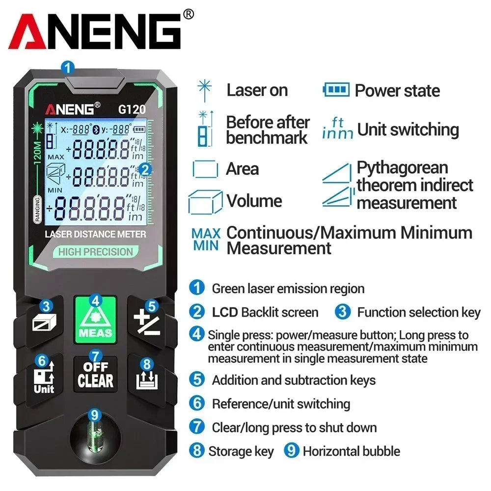 ANENG G50/G70/G100/G120 Green Laser Distance Meter Autonomous Benchmark Rangefinder 0.5~1 detail image 5