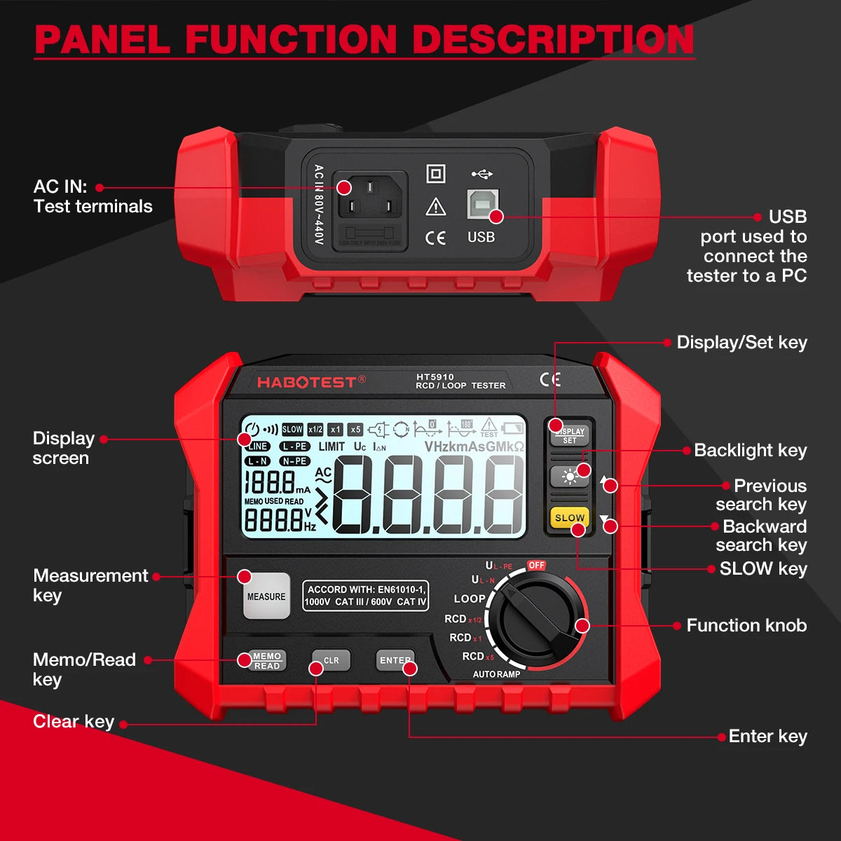 HABOTEST HT5910 Leakage Switch Tester LCD Digital Resistance Meter RCD/Loop Tester 1000 Data detail image 5