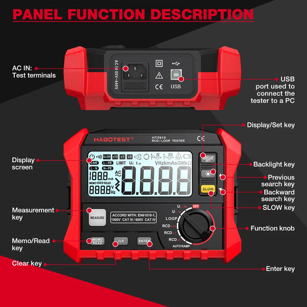 HABOTEST HT5910 Leakage Switch Tester LCD Digital Resistance Meter RCD/Loop Tester 1000 Data detail image 5