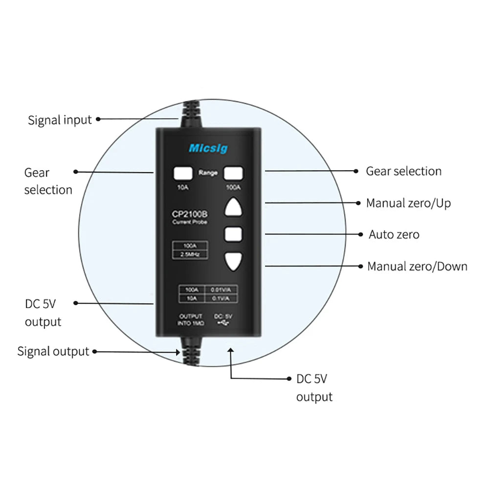 Micsig CP2100A CP2100B AC/DC Current Probes 2.5MHz 10A/100A Maximum Measurable Current 100Apk 70.7Arms (DC+ACpk)