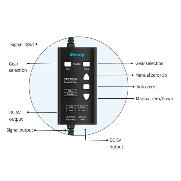 Micsig CP2100A CP2100B AC/DC Current Probes 2.5MHz 10A/100A Maximum Measurable Current 100Apk 70.7Arms (DC+ACpk)