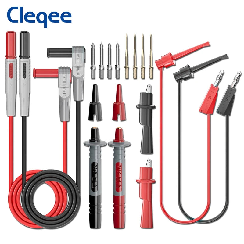 Cleqee P1308B 18pcs Multimeter Test Leads Kit with Replaceable Needles Alligator Clips 4mm Banana Plug to test Hook Clips Set