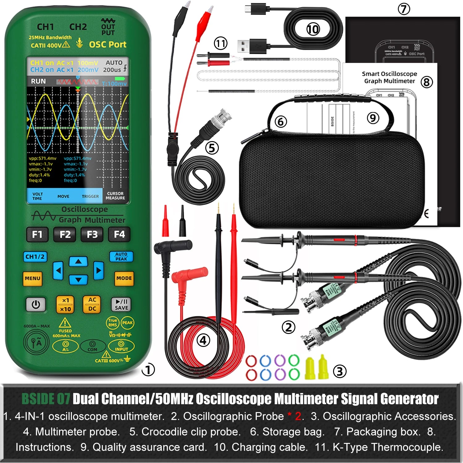 BSIDE 4-IN-1 Handheld Oscilloscope Digital Multimeter+Function Signal Generator Dual Channel detail image 8