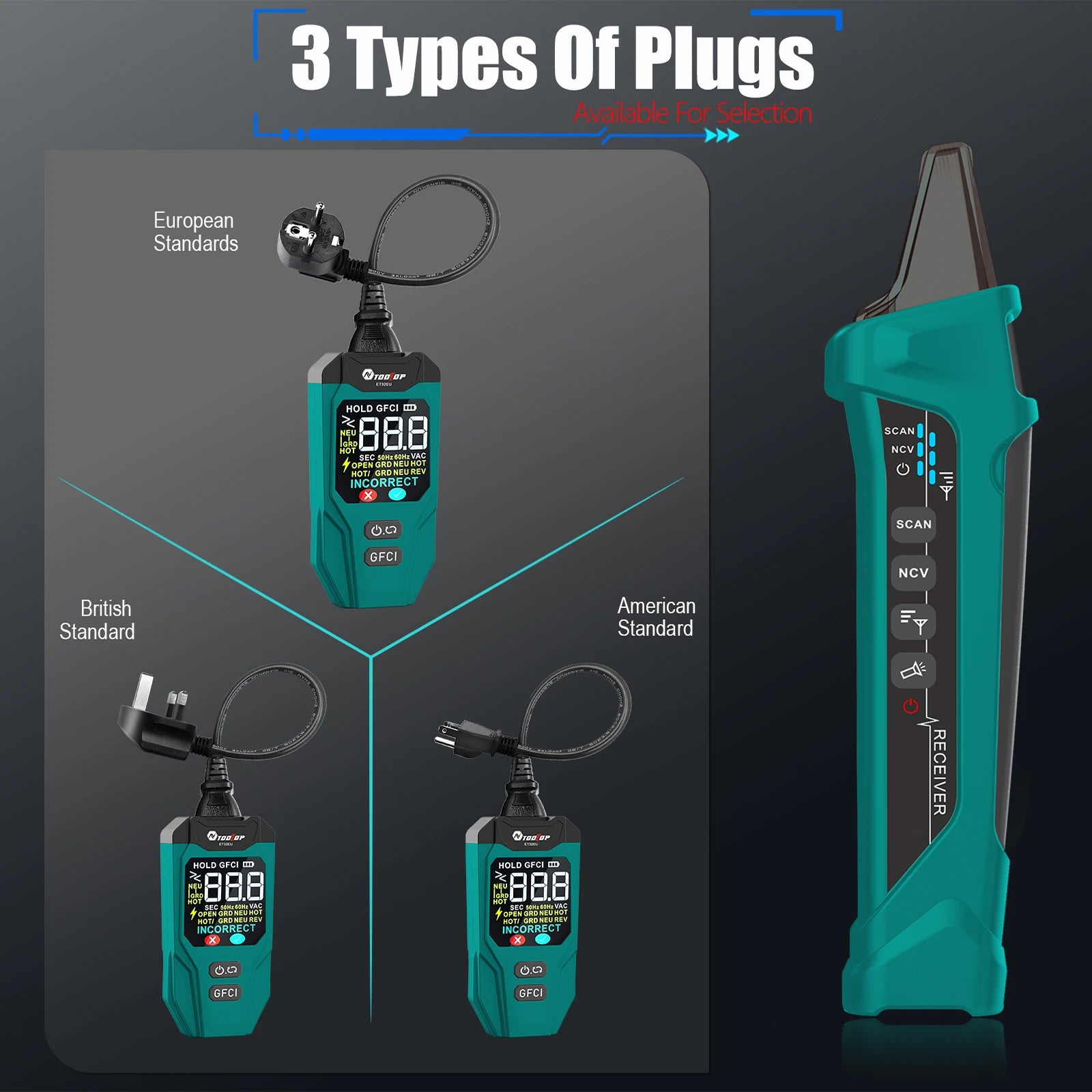 TOOLTOP ET32 Digital Circuit Breaker Finder & Socket Tester with GFCI Trip Time Display EU detail image 6