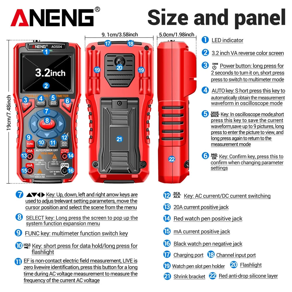 ANENG AOS04 Handheld Oscilloscope Multimeter Digital 50MS/s Sampling Rate Bandwidth Waveform detail image 5