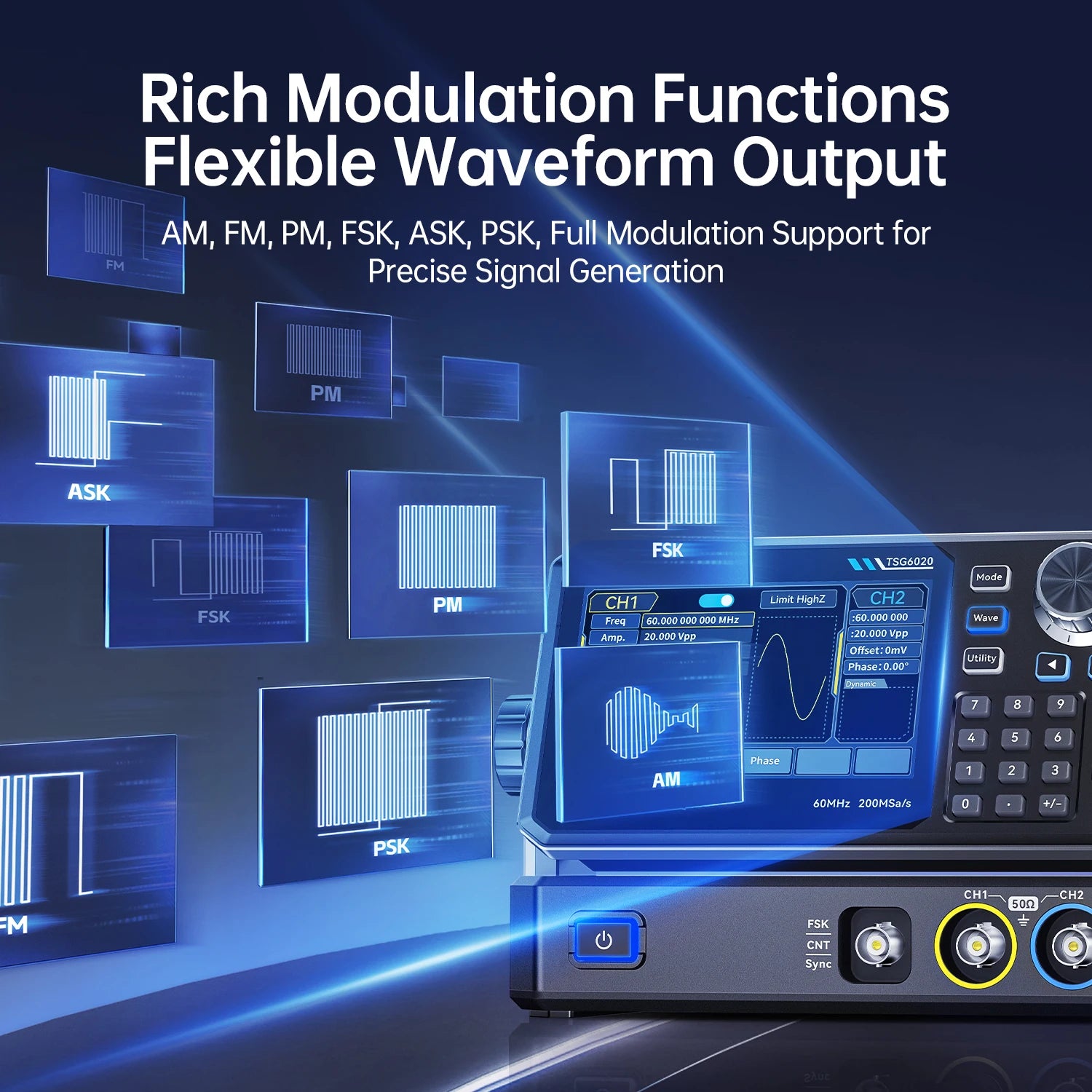 FNIRSI TSG6020 TSG3020 Function Signal Generator 2Ch 60MHz/30MHz 200MSa/s Touchscreen and detail image 4