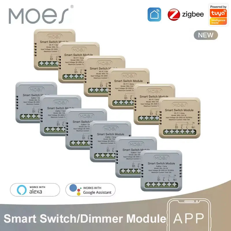 MOES Tuya Mini WiFi/Zigbee Smart Switch/Dimmer Module DIY Module Light Switch 1/2 Gang Remote Control Wor product image